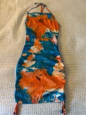 Vibrant Tie-Dye Halter Dress in Teal & Orange